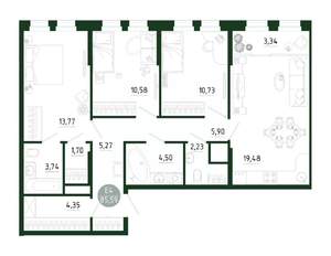 3-к квартира, строящийся дом, 86м2, 17/25 этаж