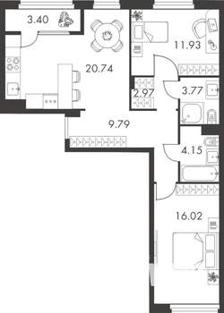 2-к квартира, вторичка, 73м2, 2/9 этаж