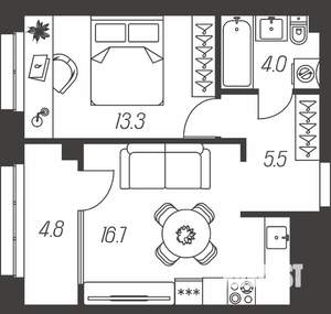 1-к квартира, вторичка, 44м2, 2/24 этаж