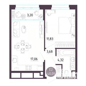 1-к квартира, строящийся дом, 40м2, 3/10 этаж