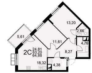 2-к квартира, строящийся дом, 63м2, 9/11 этаж