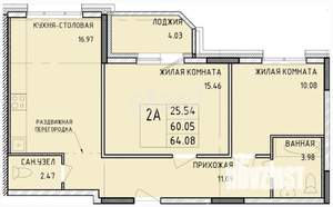 2-к квартира, вторичка, 64м2, 2/14 этаж