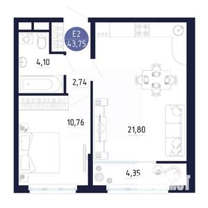 1-к квартира, строящийся дом, 44м2, 22/25 этаж