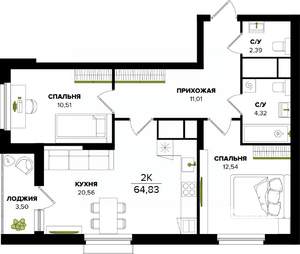 2-к квартира, строящийся дом, 65м2, 13/25 этаж