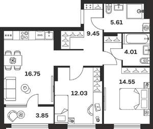 2-к квартира, вторичка, 66м2, 11/15 этаж