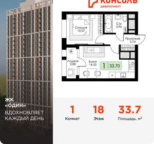 1-к квартира, вторичка, 34м2, 18/25 этаж