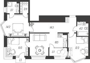 3-к квартира, строящийся дом, 85м2, 14/24 этаж