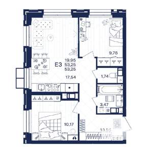 2-к квартира, строящийся дом, 53м2, 3/15 этаж