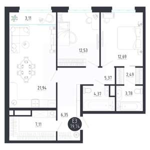 2-к квартира, строящийся дом, 80м2, 7/8 этаж