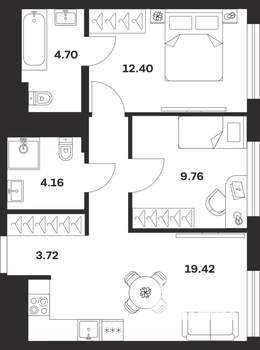 2-к квартира, строящийся дом, 54м2, 20/25 этаж