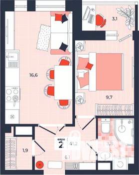 2-к квартира, строящийся дом, 41м2, 11/14 этаж