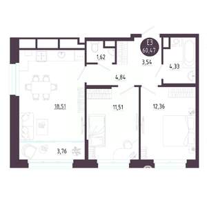 2-к квартира, строящийся дом, 60м2, 7/10 этаж
