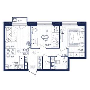 2-к квартира, строящийся дом, 53м2, 2/15 этаж