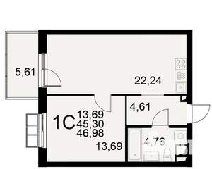 1-к квартира, строящийся дом, 45м2, 8/11 этаж