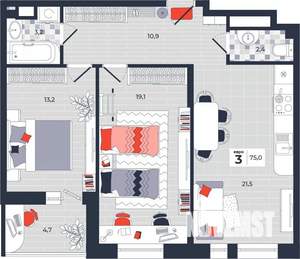 3-к квартира, строящийся дом, 75м2, 4/14 этаж
