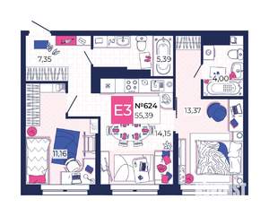 2-к квартира, вторичка, 55м2, 22/25 этаж