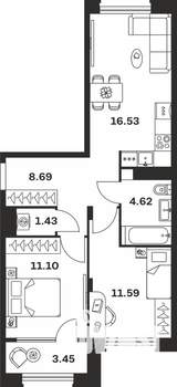 2-к квартира, вторичка, 57м2, 2/16 этаж