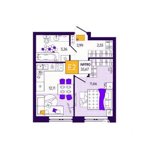 1-к квартира, вторичка, 36м2, 2/12 этаж