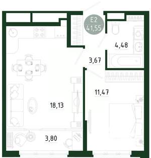 1-к квартира, строящийся дом, 42м2, 21/25 этаж