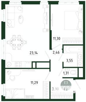 2-к квартира, строящийся дом, 57м2, 9/25 этаж