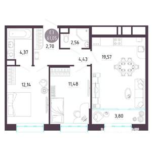 2-к квартира, строящийся дом, 61м2, 6/10 этаж