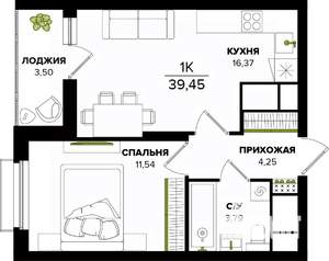 1-к квартира, строящийся дом, 39м2, 23/25 этаж