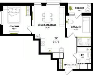 2-к квартира, строящийся дом, 62м2, 18/25 этаж