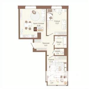 2-к квартира, строящийся дом, 64м2, 6/14 этаж