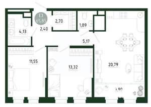 2-к квартира, строящийся дом, 66м2, 6/25 этаж