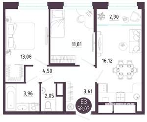 2-к квартира, вторичка, 58м2, 10/10 этаж