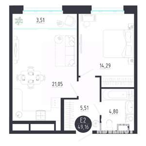 1-к квартира, строящийся дом, 49м2, 3/8 этаж