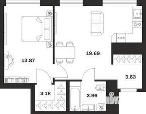 1-к квартира, строящийся дом, 44м2, 18/25 этаж