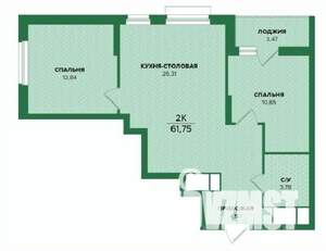 2-к квартира, строящийся дом, 62м2, 18/25 этаж