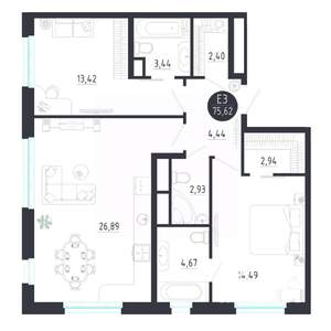 2-к квартира, строящийся дом, 76м2, 2/8 этаж