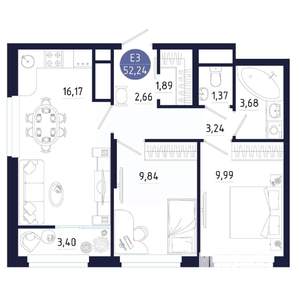 2-к квартира, строящийся дом, 52м2, 6/25 этаж