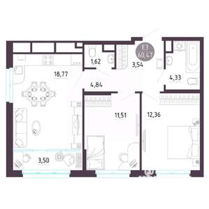 2-к квартира, строящийся дом, 60м2, 6/10 этаж