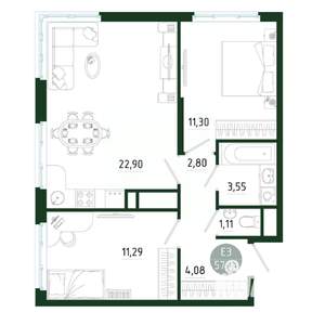 2-к квартира, строящийся дом, 57м2, 19/25 этаж