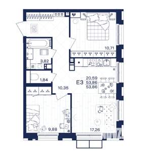 2-к квартира, строящийся дом, 54м2, 8/15 этаж