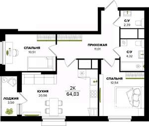 2-к квартира, вторичка, 65м2, 8/25 этаж