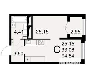1-к квартира, строящийся дом, 33м2, 22/25 этаж