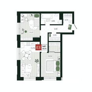 2-к квартира, вторичка, 59м2, 9/19 этаж