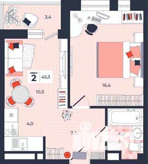2-к квартира, строящийся дом, 45м2, 13/14 этаж