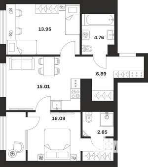 2-к квартира, строящийся дом, 60м2, 23/25 этаж