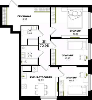 3-к квартира, вторичка, 71м2, 12/25 этаж