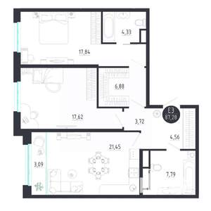 2-к квартира, строящийся дом, 87м2, 3/8 этаж
