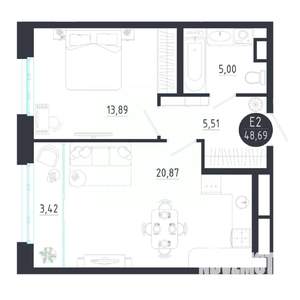 1-к квартира, строящийся дом, 49м2, 7/8 этаж