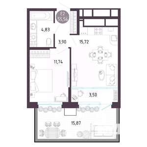 2-к квартира, строящийся дом, 56м2, 1/10 этаж