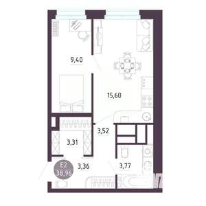 1-к квартира, строящийся дом, 39м2, 7/10 этаж