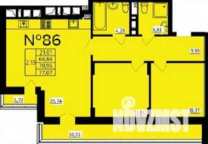 2-к квартира, строящийся дом, 71м2, 9/9 этаж