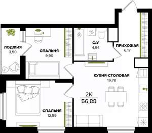 2-к квартира, вторичка, 57м2, 25/25 этаж